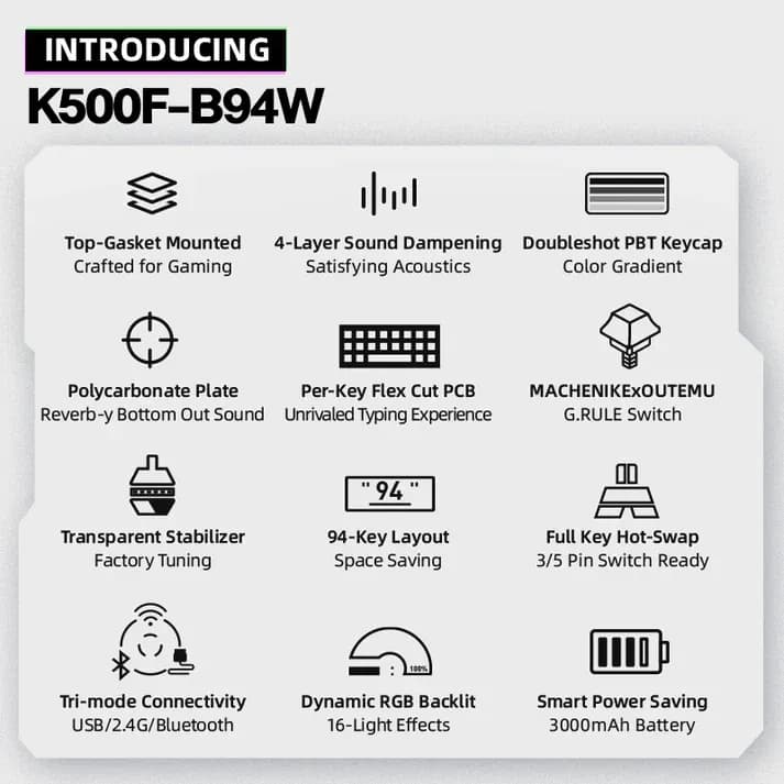 Teclado Mecânico Gamer Machenike K500F-B94 - Crystal - Switch Jade - 94 Teclas - Hot-Swap - RGB - Trio Mode (USB-C/Wireless/Bluetooth) (Imagem 4)