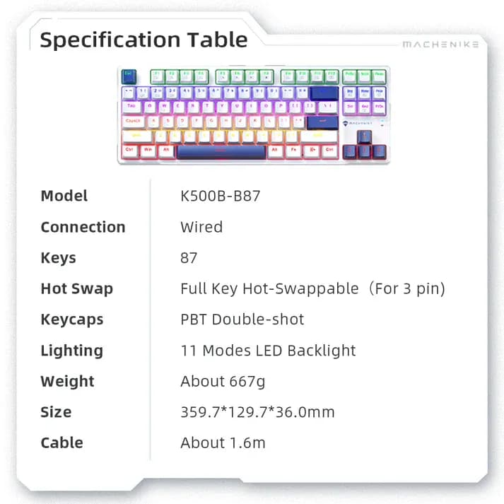 Teclado Mecânico Gamer Machenike K500B-B87 - Branco e Azul -  Switch Brown - 87 Teclas (80% Compacto) - Hotswap - RGB -  Wired (USB-C) - ABNT2 (Imagem 5)
