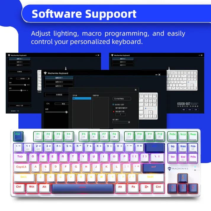 Teclado Mecânico Gamer Machenike K500B-B87 - Branco e Azul -  Switch Brown - 87 Teclas (80% Compacto) - Hotswap - RGB -  Wired (USB-C) - ABNT2 (Imagem 3)